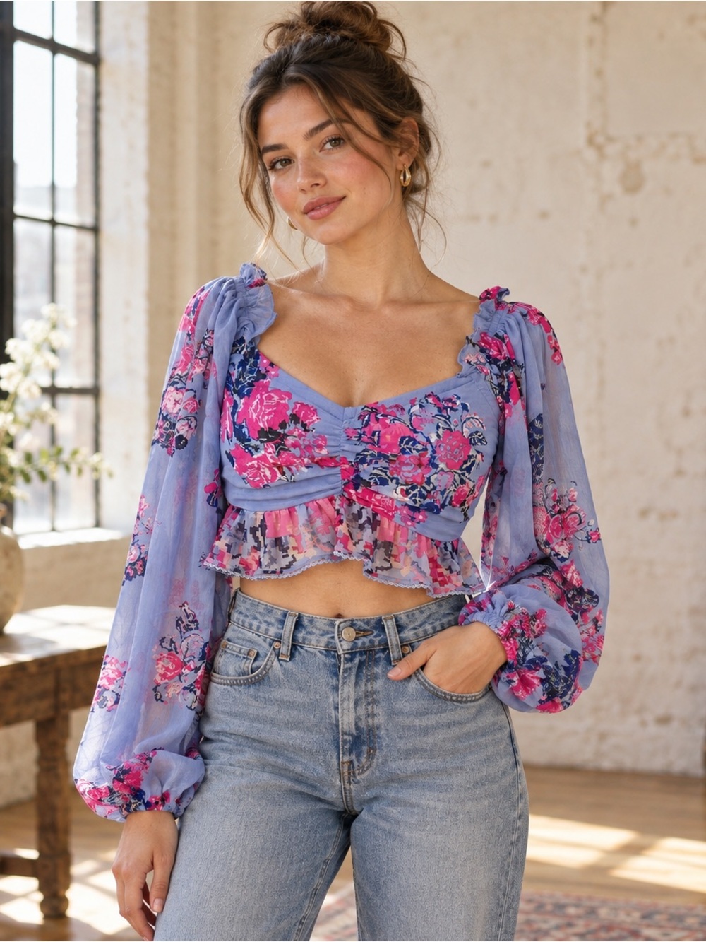 House of Harlow 1960 Floral Smocked Balloon Sleeve Crop Top Blue Pink Size Small